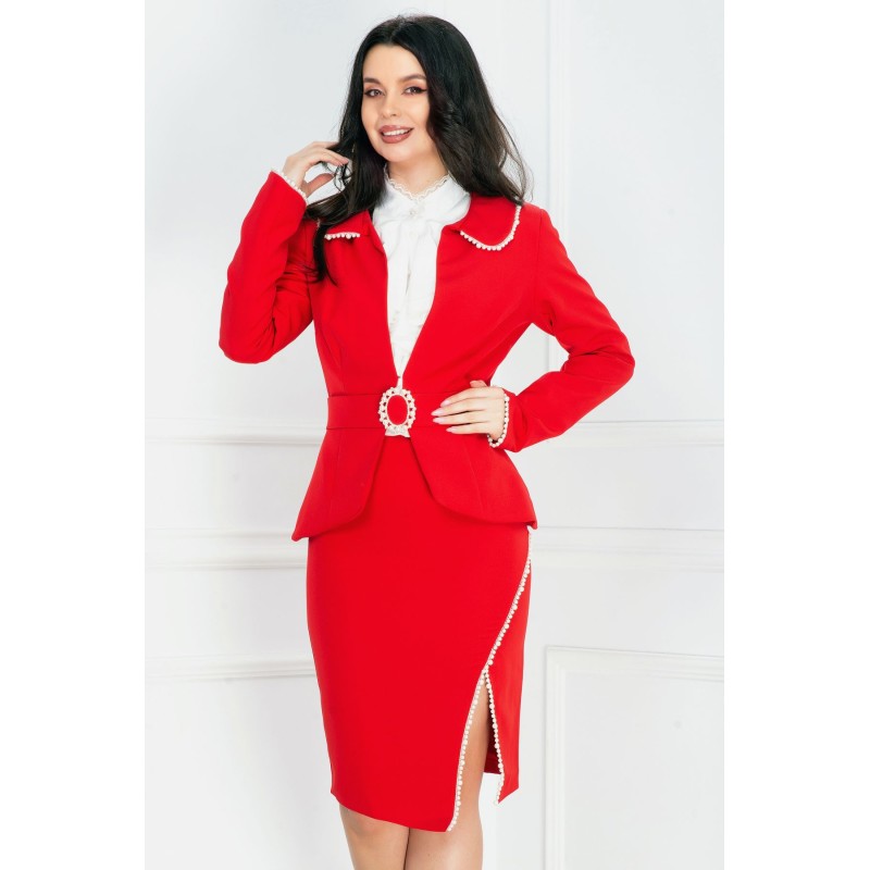 Sacou elegant rosu Pretty Girl cu detalii din perle si strasuri