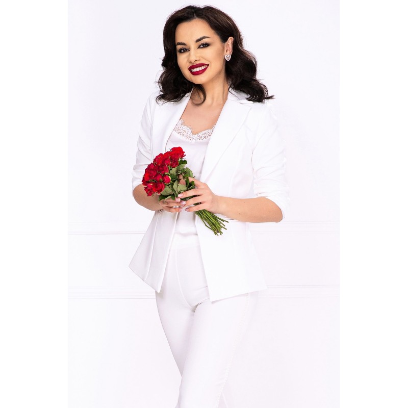 Sacou casual dama alb InPuff cu maneca trei sferturi incretita