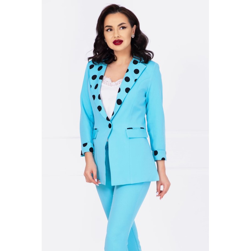 Sacou office baby blue cu mansete si rever cu buline