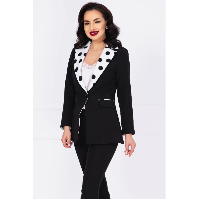 Sacou negru dama cu mansete si rever cu buline
