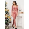 Salopeta eleganta rose din catifea soft cambrata cu umeri bufanti