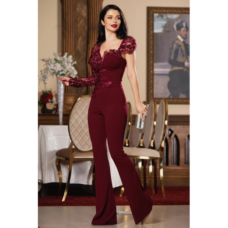 Salopeta Mara bordo eleganta cu flori 3D