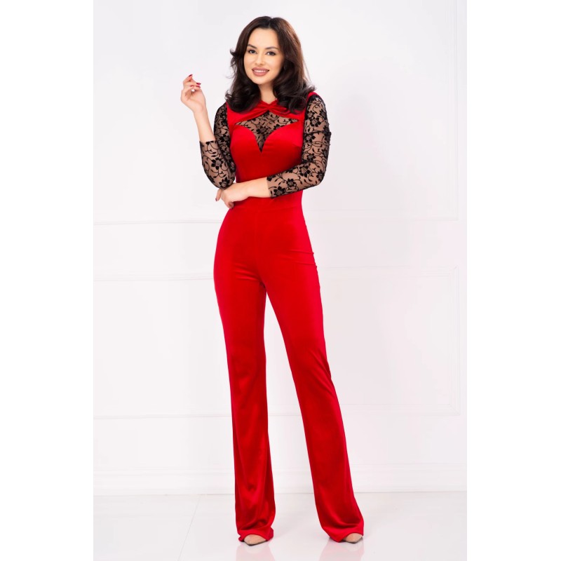 Salopeta rosie eleganta Deniss din catifea cu insertii din tulle