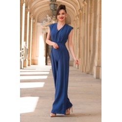 Salopeta bleumarin lejera din vascoza cu pantalon evazat