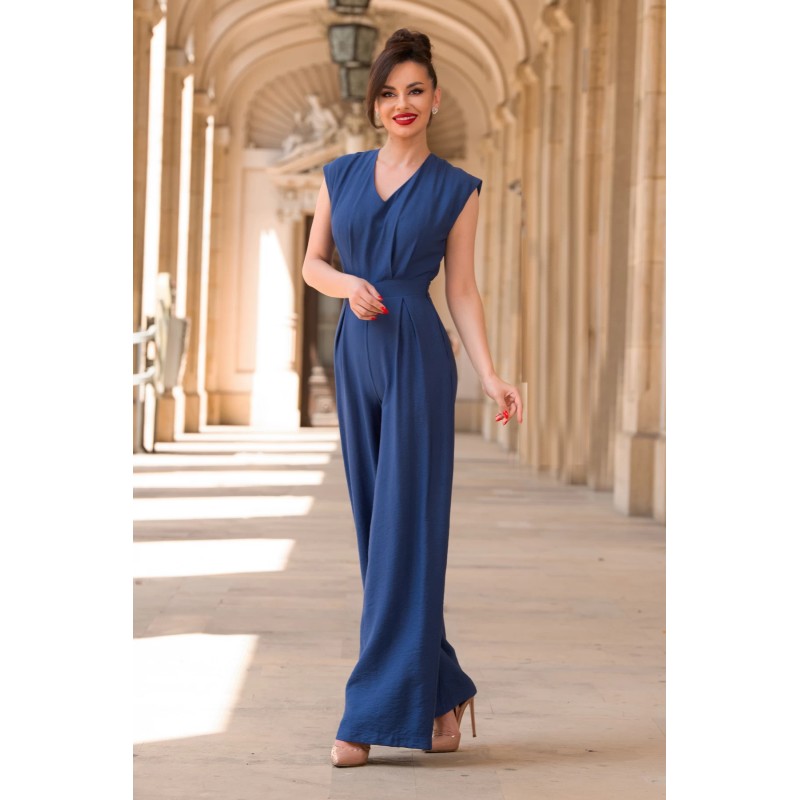 Salopeta bleumarin lejera din vascoza cu pantalon evazat