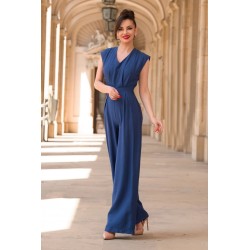Salopeta bleumarin lejera din vascoza cu pantalon evazat
