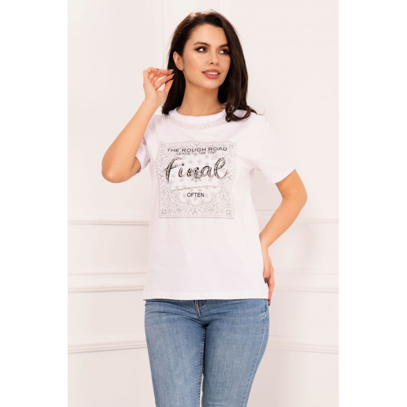 Tricou chic alb Top Final cu strassuri si lant decorativ