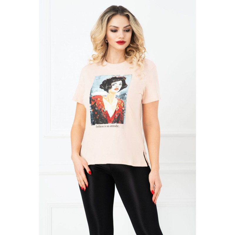 Tricou somon cu imprimeu portret si paiete