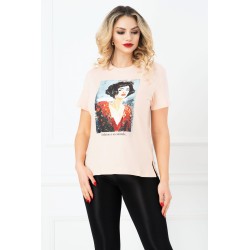 Tricou somon cu imprimeu portret si paiete