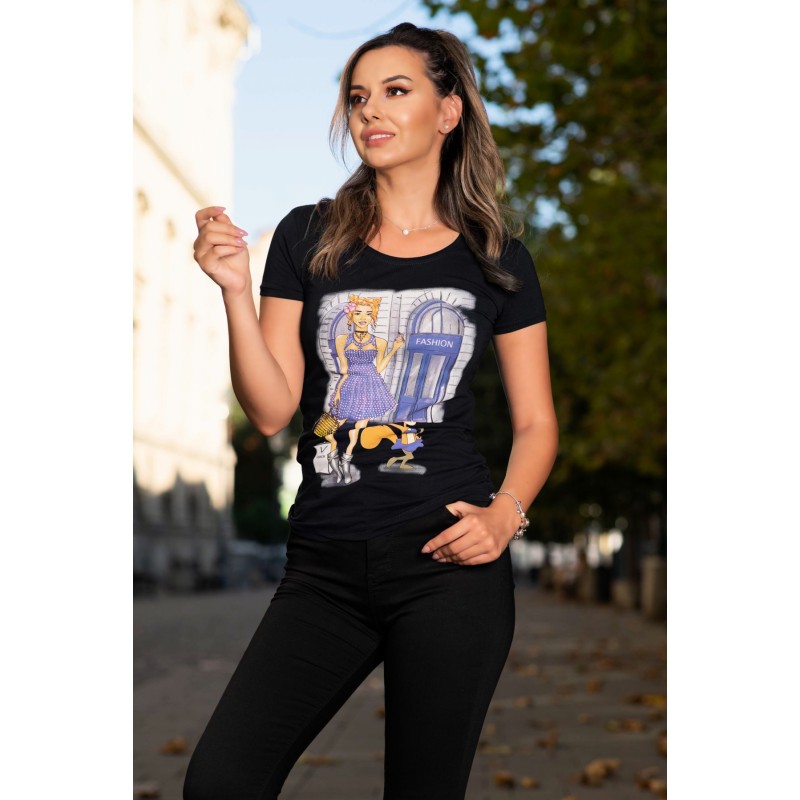 Tricou casual negru cu imprimeu fashion