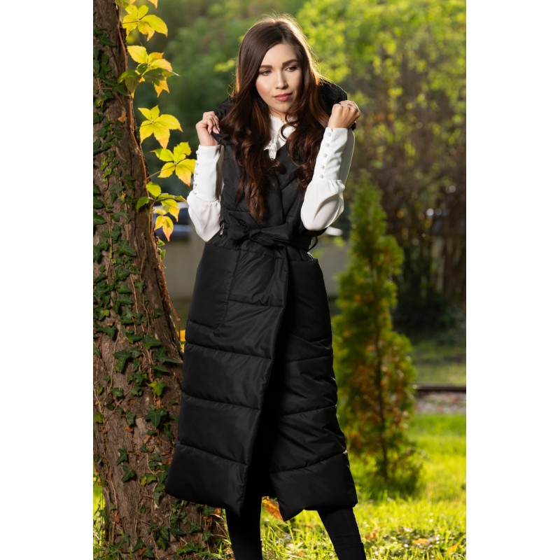 Vesta dama neagra matlasata din fas cu gluga si buzunare maxi