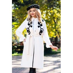 Vesta Effect lunga din stofa ivoire cu insertii la bust buzunare laterale si cordon in talie