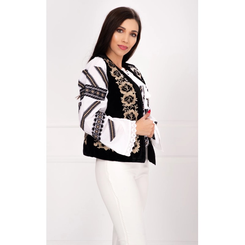 Vesta nationala Brandusa din catifea cu trandafiri aurii brodati