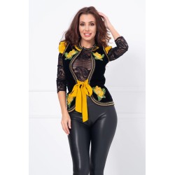 Vesta traditionala neagra din catifea cu flori galbene brodate