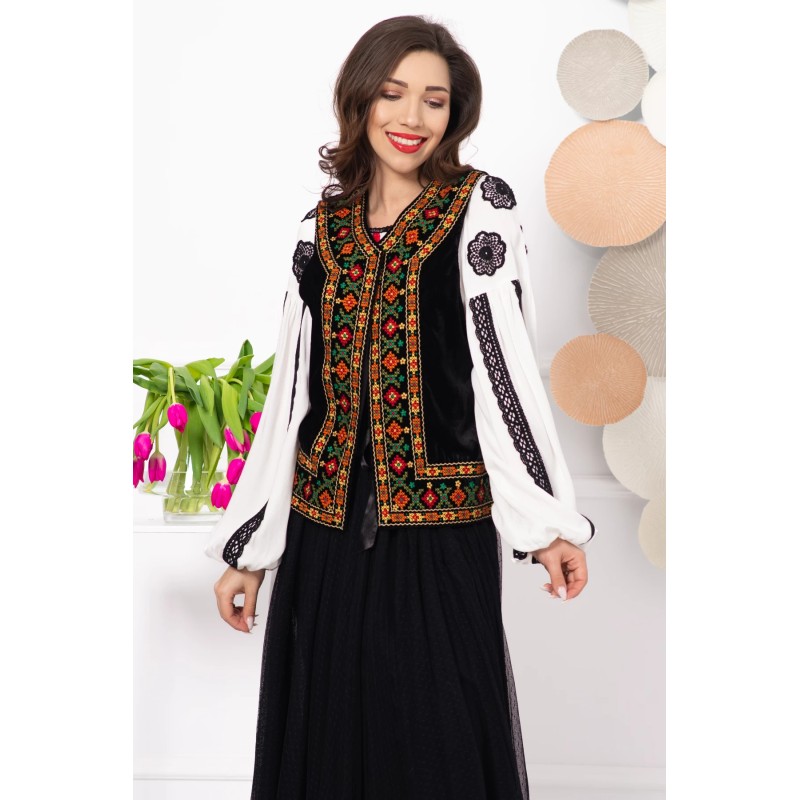 Vesta traditionala Creola din catifea cu broderie geometrica multicolora