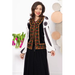 Vesta traditionala Creola din catifea cu broderie geometrica multicolora