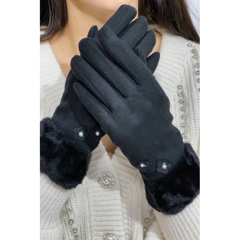 Manusi elegante Gilda negre cu blanita si flori decorative