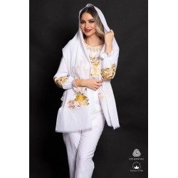 Esarfa din bumbac alba brodata cu bujori galbeni