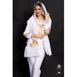 Esarfa din bumbac alba brodata cu bujori galbeni