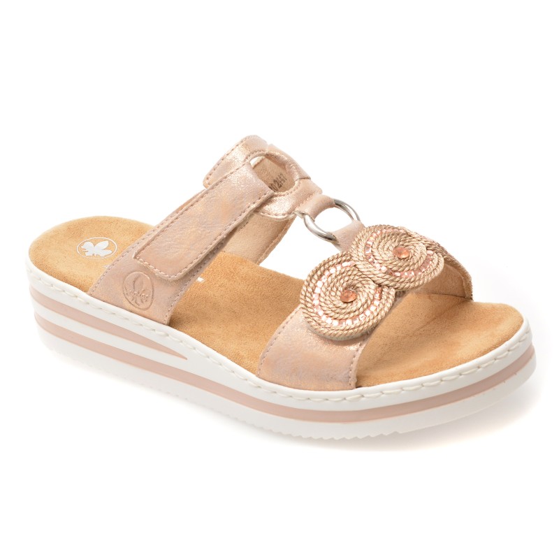 Papuci RIEKER roz, V0200, din piele ecologica