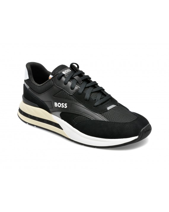 Pantofi BOSS negri, 3214, din material textil si piele ecologica